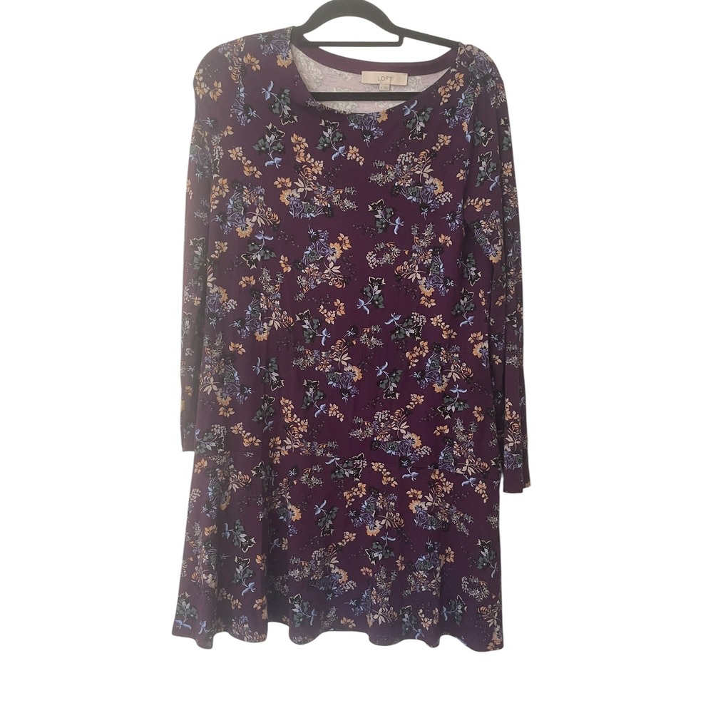 LOFT Women Purple Floral Long Sleeve Flounce Hem Shift Dress 490207‎ Medium